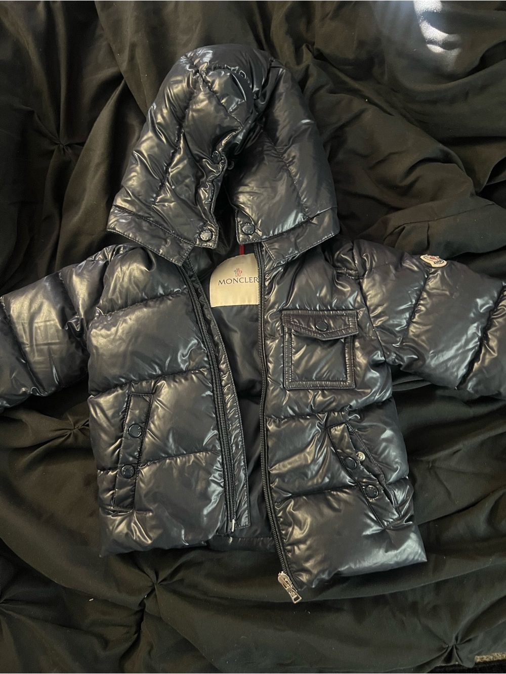 Moncler Kids Navy Shiny Hooded Puffer Jacket